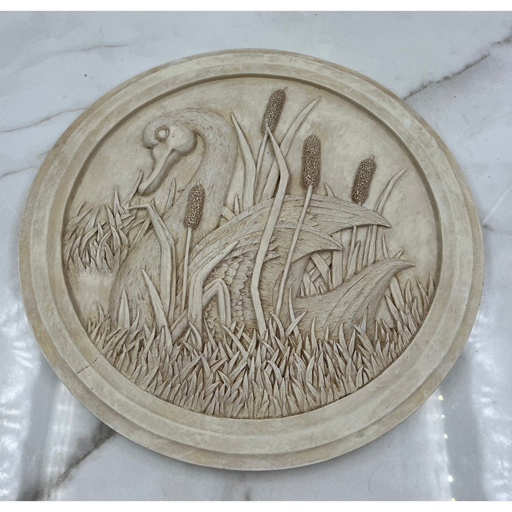 Vintage Swan Relief Wall Plaque Round Stone Finish Nature Decor 11.5 Inch